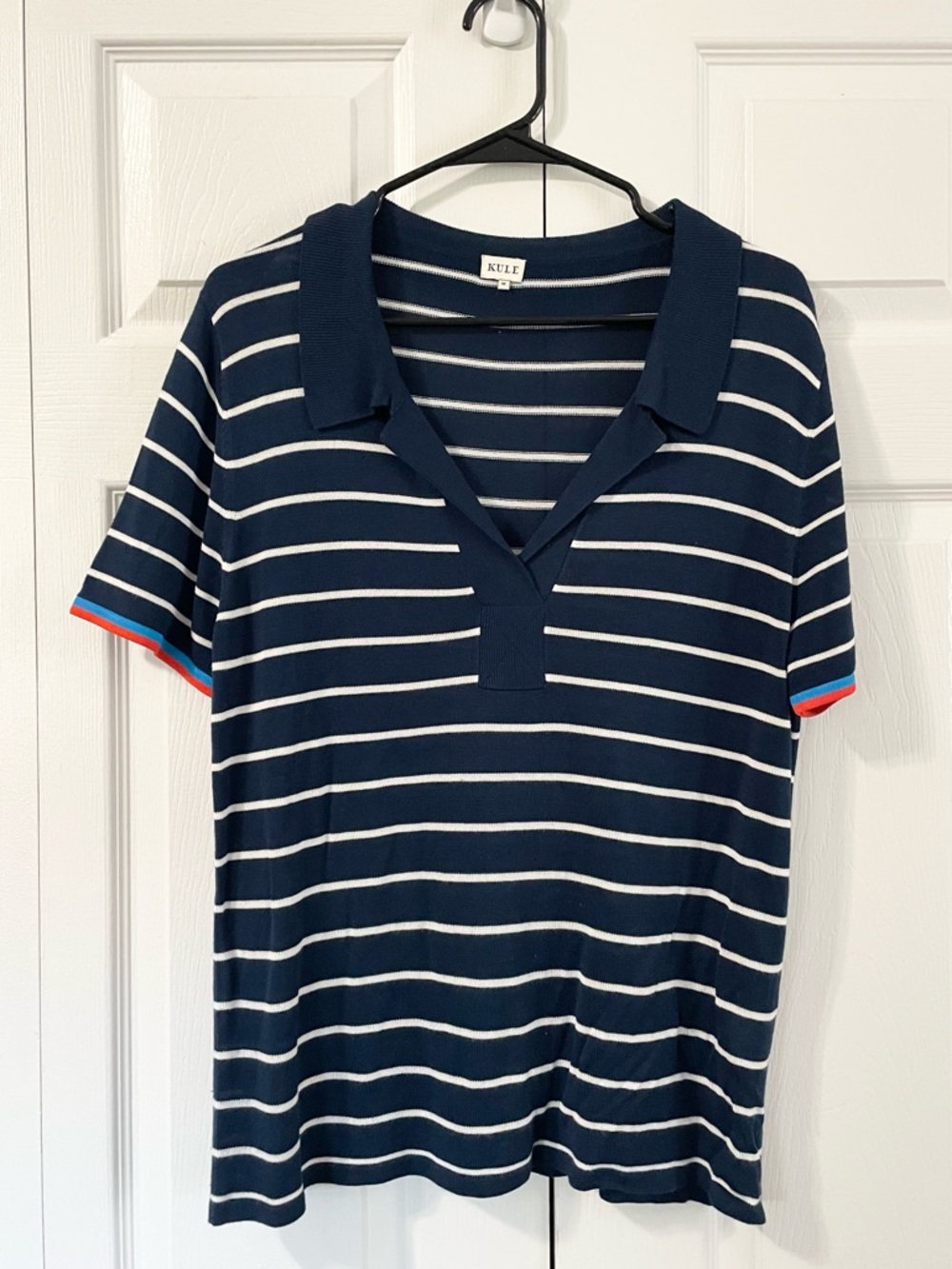 KULE Navy Striped Knit Polo Top Size M